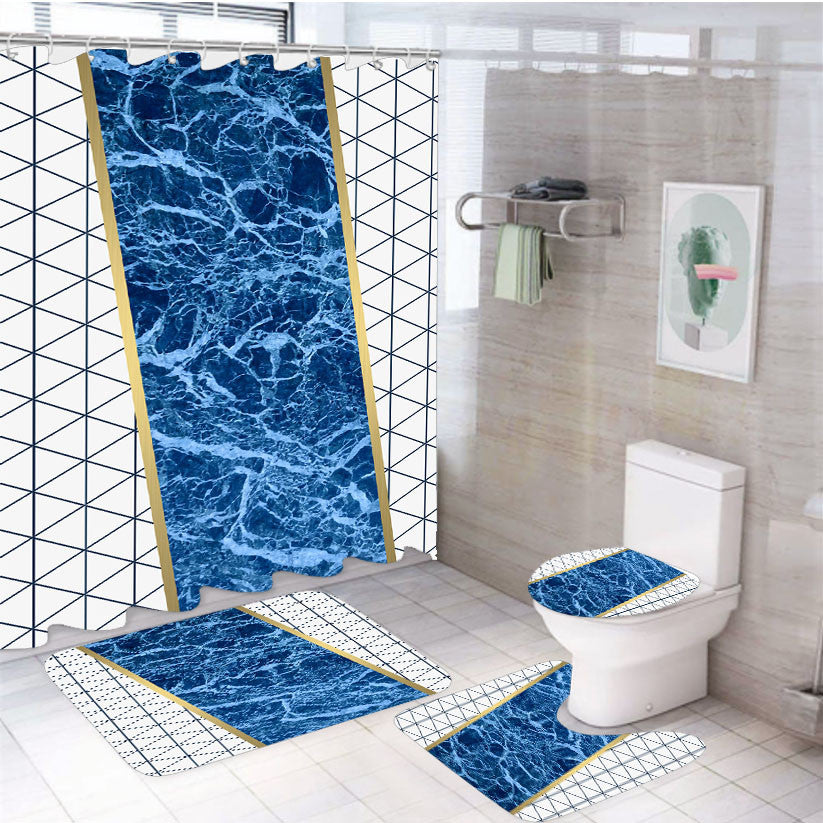 White Navy Marble Geometric Triangle And Gold Line Pattern 4Pcs Bathroom Non-Slip Rugs Shower Curtain Fabric Waterproof