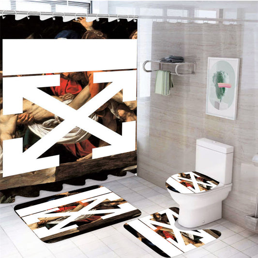 White Off Ancient God Streetwear Hypebeast Offwhite 4Pcs Bathroom Non-Slip Rugs Shower Curtain Fabric Waterproof
