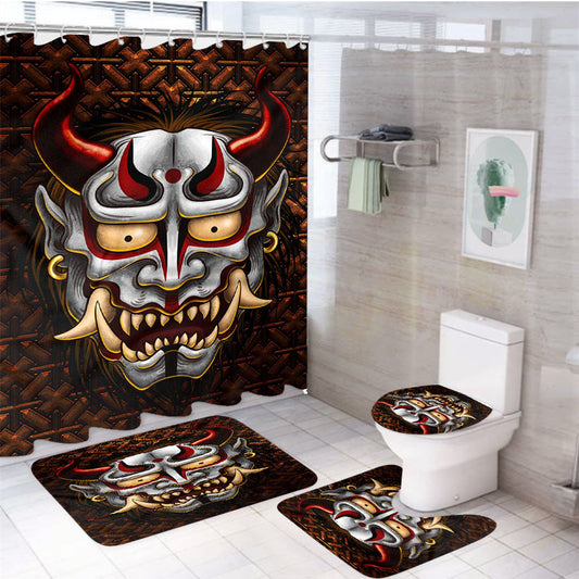 White Oni Sherpa Japanese Demon 4Pcs Bathroom Non-Slip Rugs Shower Curtain Fabric Waterproof