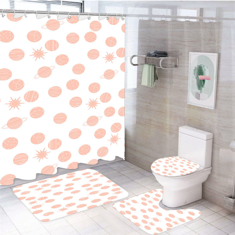 White Peach Planet Pattern Doodle 4Pcs Bathroom Non-Slip Rugs Shower Curtain Fabric Waterproof