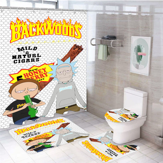 White Rick And Morty Thrasher Flames Backwoods 4Pcs Bathroom Non-Slip Rugs Shower Curtain Fabric Waterproof