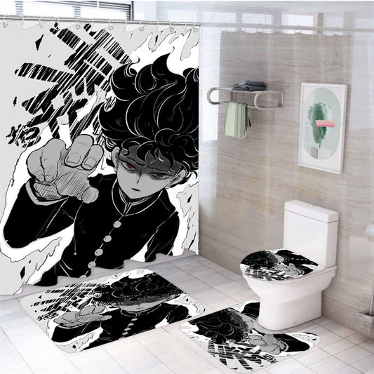 White T Poison Mob Psycho 100 4Pcs Bathroom Non-Slip Rugs Shower Curtain Fabric Waterproof
