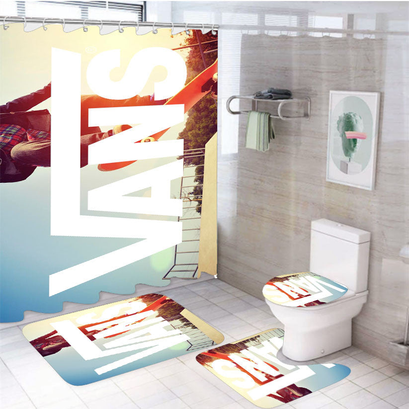 White Vans Logo Skateboarding 4Pcs Bathroom Non-Slip Rugs Shower Curtain Fabric Waterproof
