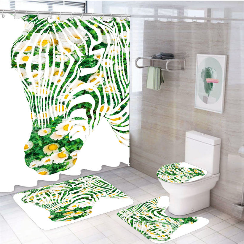 White Zebra Flower Field 4Pcs Bathroom Non-Slip Rugs Shower Curtain Fabric Waterproof