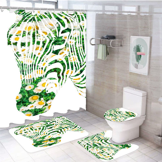 White Zebra Flower Field 4Pcs Bathroom Non-Slip Rugs Shower Curtain Fabric Waterproof