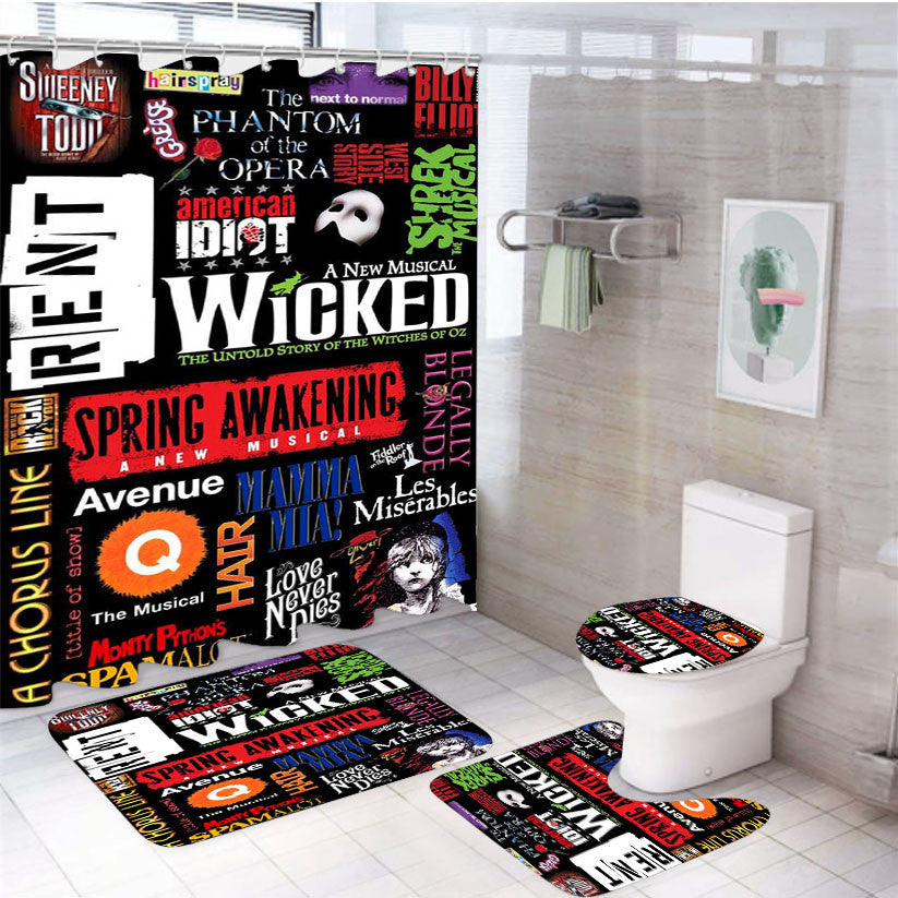 Wicked Broadway Music Collages 4Pcs Bathroom Non-Slip Rugs Shower Curtain Fabric Waterproof
