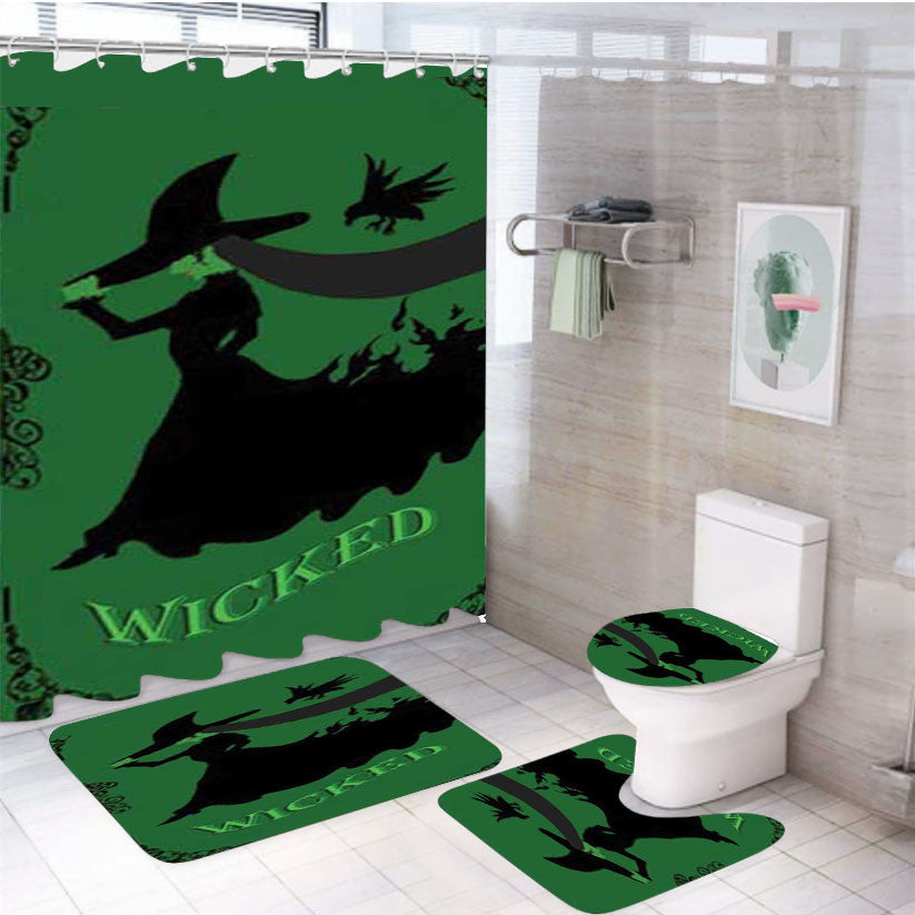Wicked Green 4Pcs Bathroom Non-Slip Rugs Shower Curtain Fabric Waterproof