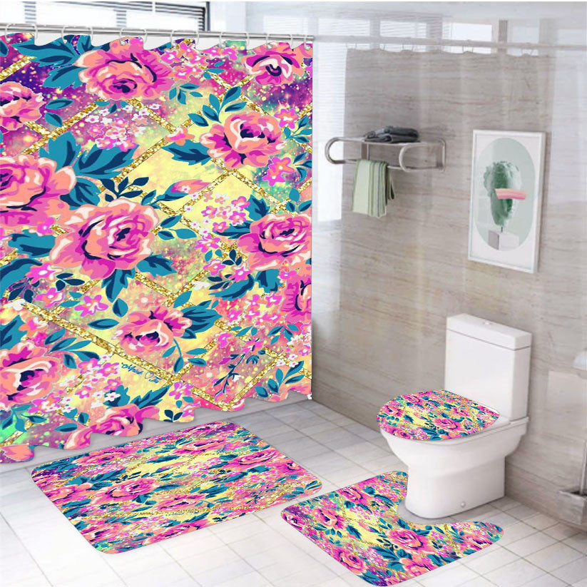 Wild Flowers Galaxy 4Pcs Bathroom Non-Slip Rugs Shower Curtain Fabric Waterproof