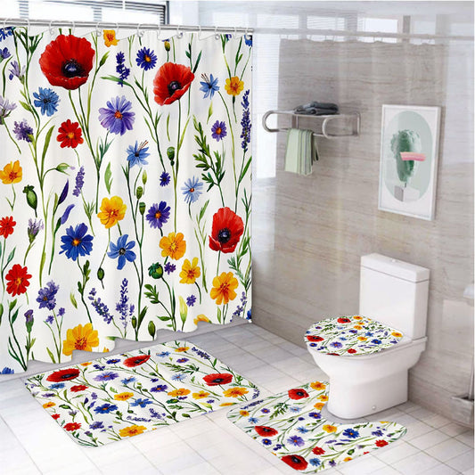 Wildflower Watercolor 4Pcs Bathroom Non-Slip Rugs Shower Curtain Fabric Waterproof