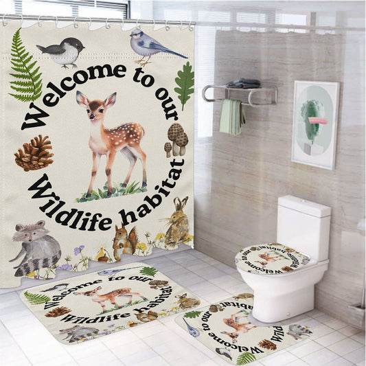 Wildlife Habitat 4Pcs Bathroom Non-Slip Rugs Shower Curtain Fabric Waterproof