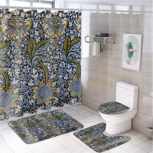 William Morris 4Pcs Bathroom Non-Slip Rugs Shower Curtain Fabric Waterproof