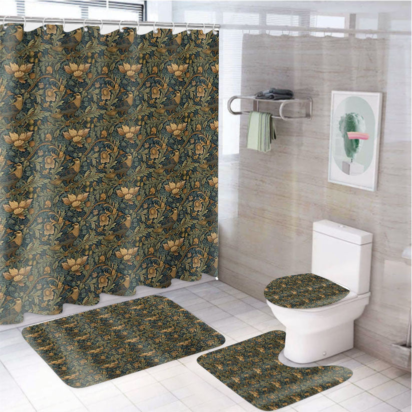 William Morris Inspired 4Pcs Bathroom Non-Slip Rugs Shower Curtain Fabric Waterproof