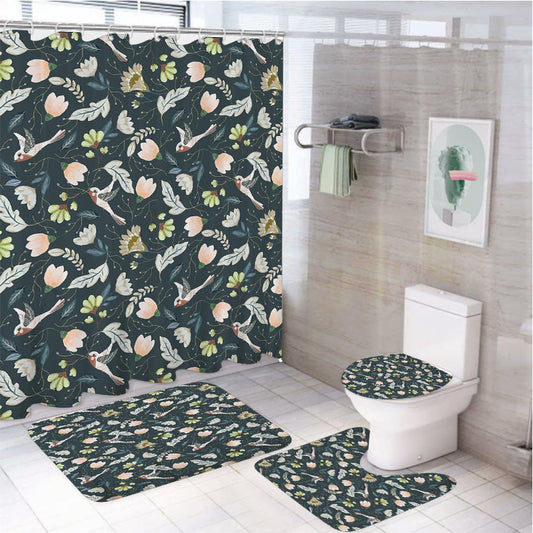 William Morris Style Bird Botanical 4Pcs Bathroom Non-Slip Rugs Shower Curtain Fabric Waterproof