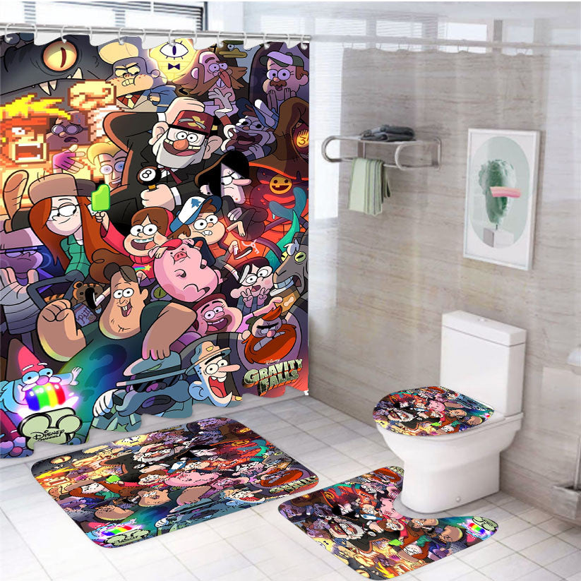 Willkommen In Gravity Falls 4Pcs Bathroom Non-Slip Rugs Shower Curtain Fabric Waterproof