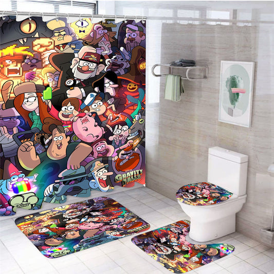 Willkommen In Gravity Falls 4Pcs Bathroom Non-Slip Rugs Shower Curtain Fabric Waterproof