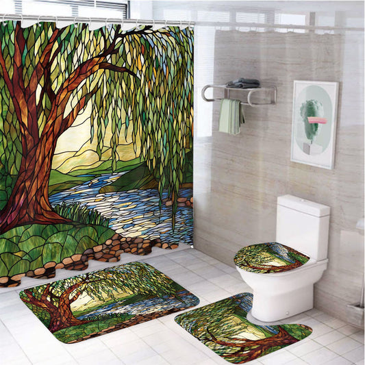 Willow Tree 4Pcs Bathroom Non-Slip Rugs Shower Curtain Fabric Waterproof