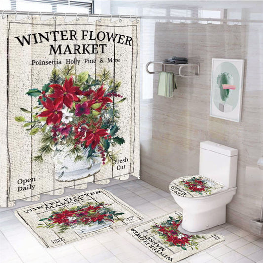 Winter Flower Market 4Pcs Bathroom Non-Slip Rugs Shower Curtain Fabric Waterproof