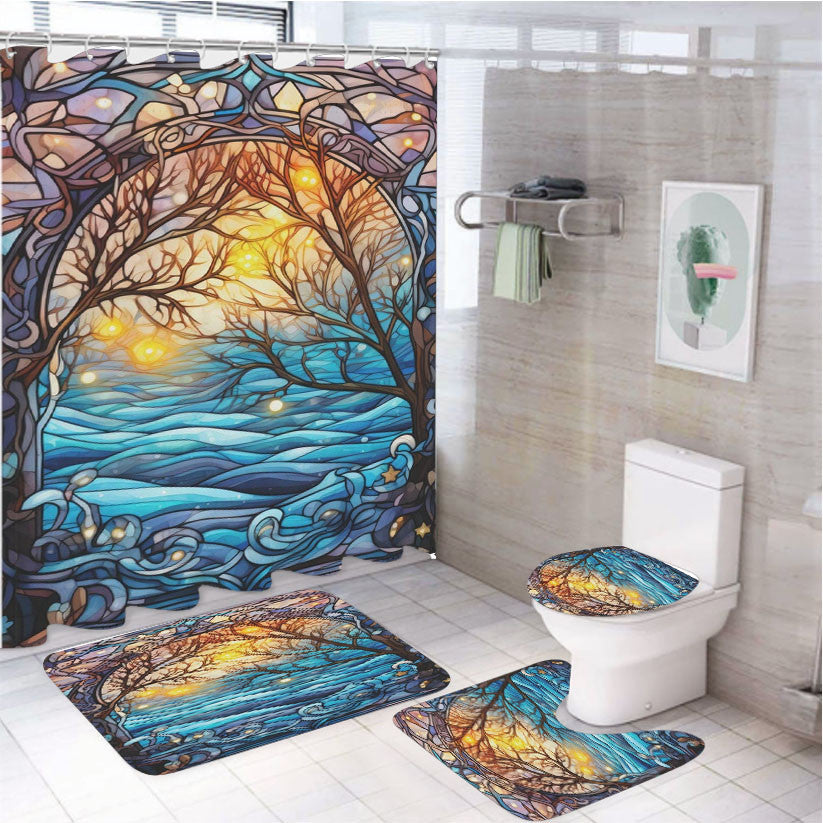 Winter Magic Stained Glass 4Pcs Bathroom Non-Slip Rugs Shower Curtain Fabric Waterproof