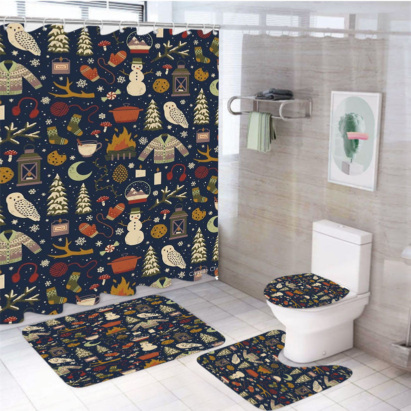 Winter Nights 4Pcs Bathroom Non-Slip Rugs Shower Curtain Fabric Waterproof