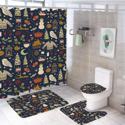 Winter Nights 4Pcs Bathroom Non-Slip Rugs Shower Curtain Fabric Waterproof