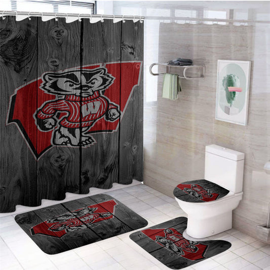 Wisconsin Badgers Bucky Logo Dark Wood Wallpaper 4Pcs Bathroom Non-Slip Rugs Shower Curtain Fabric Waterproof