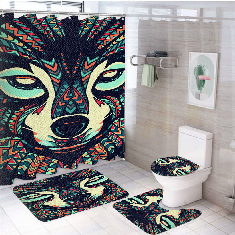 Wolf Aztec Pattern 4Pcs Bathroom Non-Slip Rugs Shower Curtain Fabric Waterproof