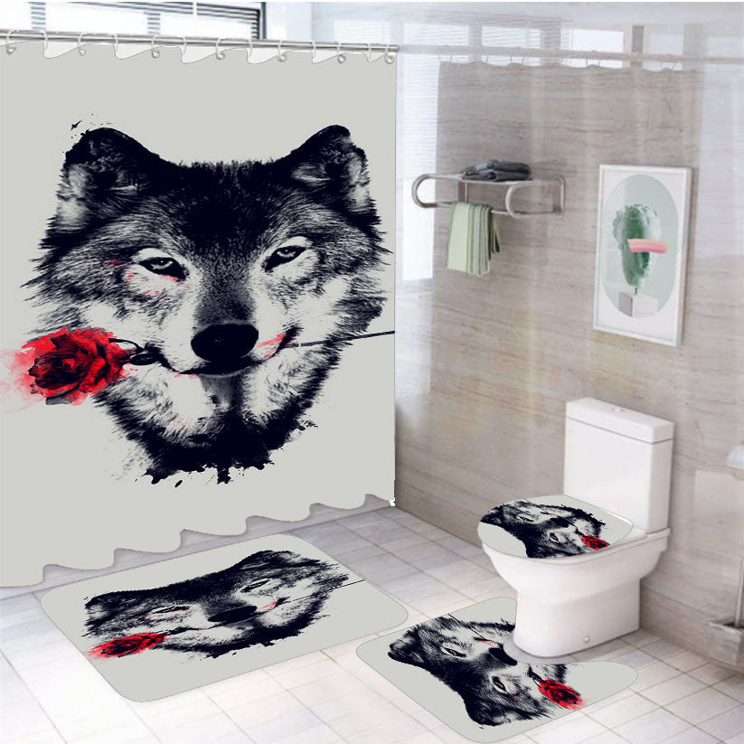 Wolf Red Flower 4Pcs Bathroom Non-Slip Rugs Shower Curtain Fabric Waterproof