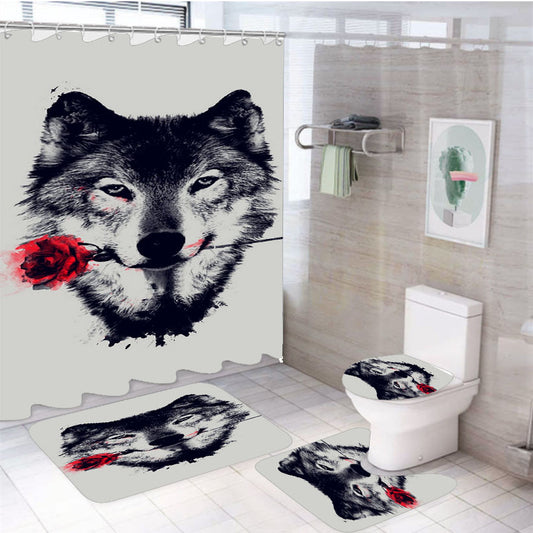 Wolf Red Flower 4Pcs Bathroom Non-Slip Rugs Shower Curtain Fabric Waterproof