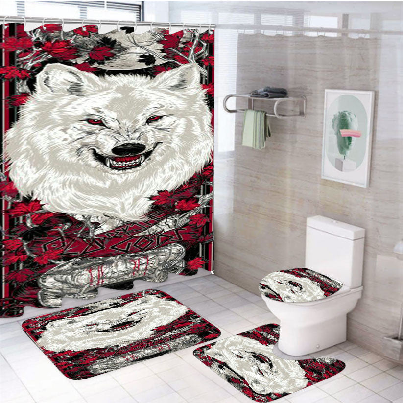Wolf White Flower 4Pcs Bathroom Non-Slip Rugs Shower Curtain Fabric Waterproof