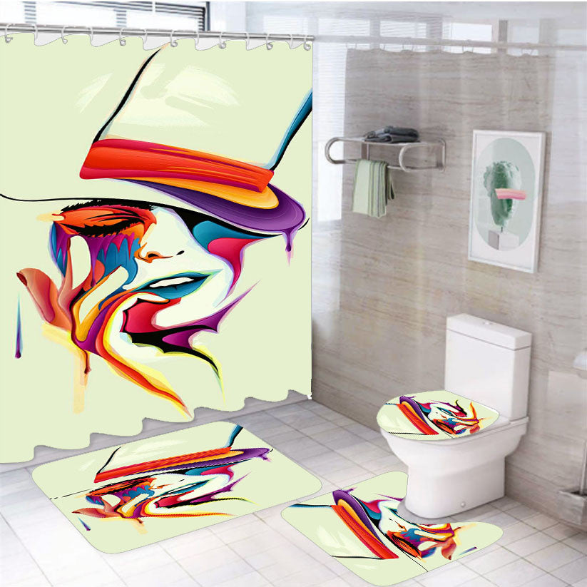 Woman Abstract 4Pcs Bathroom Non-Slip Rugs Shower Curtain Fabric Waterproof