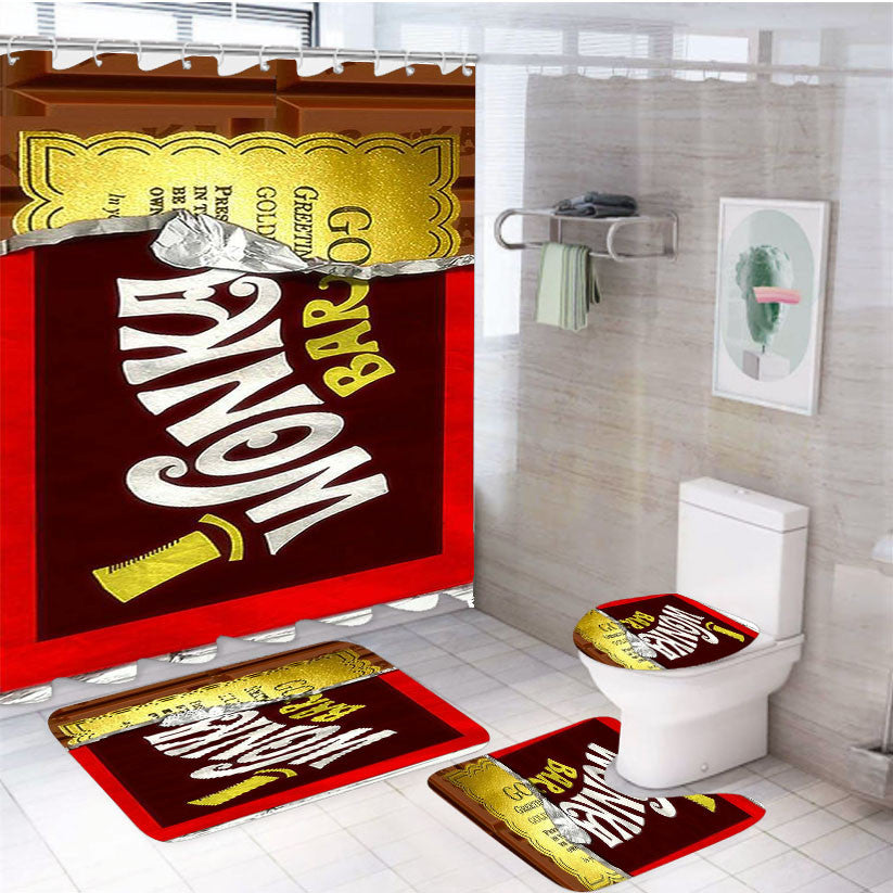 Wonka Bar Golden Ticket 4Pcs Bathroom Non-Slip Rugs Shower Curtain Fabric Waterproof