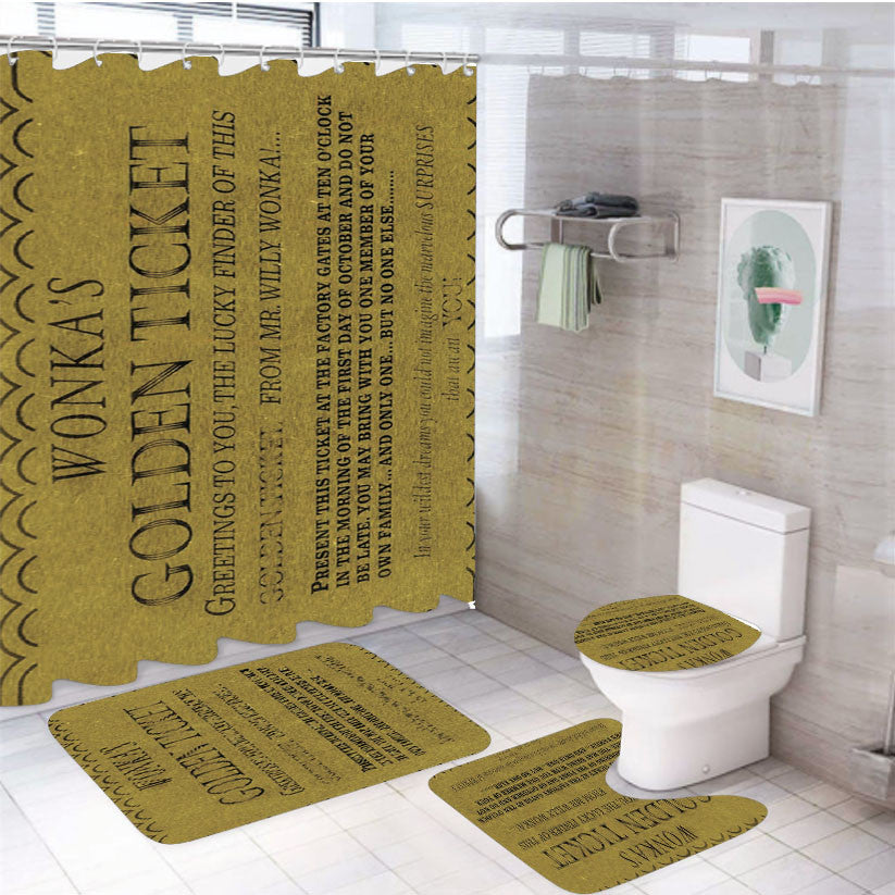 Wonkas Golden Ticket 4Pcs Bathroom Non-Slip Rugs Shower Curtain Fabric Waterproof