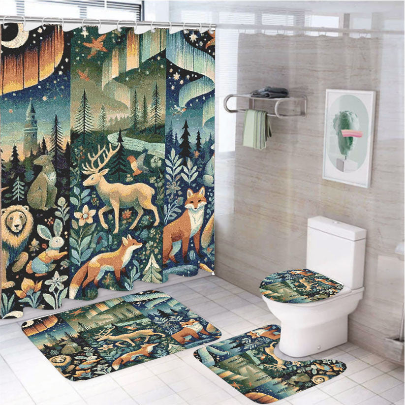 Woodland Forest Castle Lands 4Pcs Bathroom Non-Slip Rugs Shower Curtain Fabric Waterproof