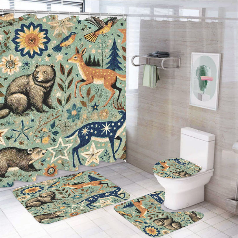Woodland Whimsy Bear & Doe 4Pcs Bathroom Non-Slip Rugs Shower Curtain Fabric Waterproof