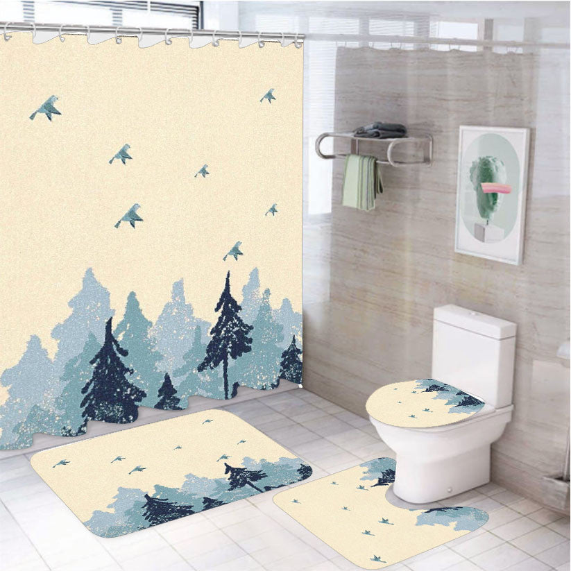 Woodland Whimsy Bluebird 4Pcs Bathroom Non-Slip Rugs Shower Curtain Fabric Waterproof