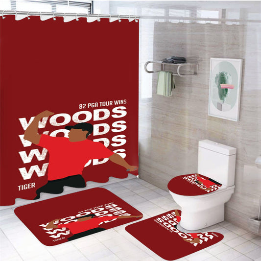 Woods Dark Red 4Pcs Bathroom Non-Slip Rugs Shower Curtain Fabric Waterproof