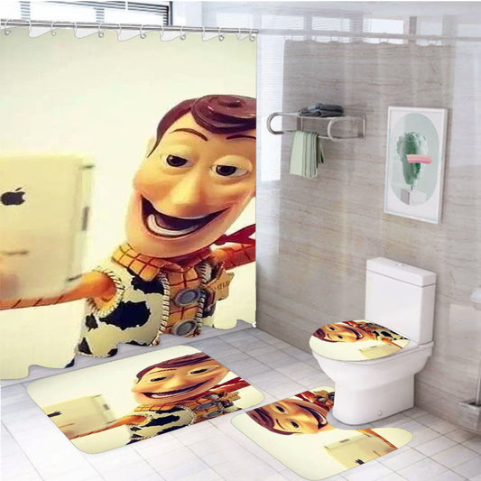 Woody Selfie 4Pcs Bathroom Non-Slip Rugs Shower Curtain Fabric Waterproof