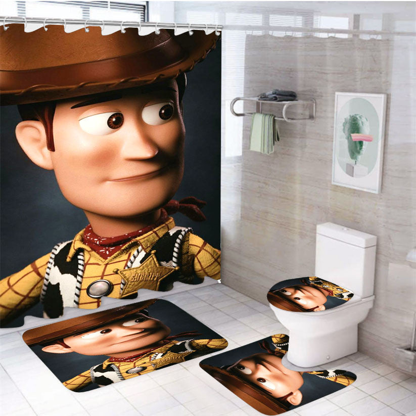 Woody Sheriff 4Pcs Bathroom Non-Slip Rugs Shower Curtain Fabric Waterproof