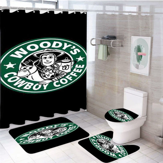 Woodys Cowboy Coffee 4Pcs Bathroom Non-Slip Rugs Shower Curtain Fabric Waterproof