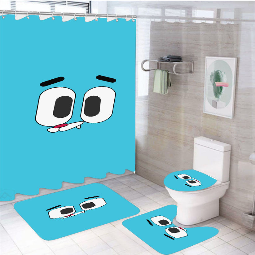World Of Gumball 4Pcs Bathroom Non-Slip Rugs Shower Curtain Fabric Waterproof