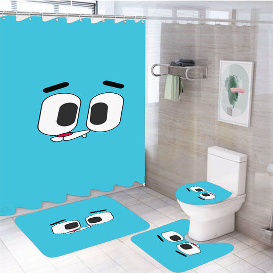 World Of Gumball 4Pcs Bathroom Non-Slip Rugs Shower Curtain Fabric Waterproof