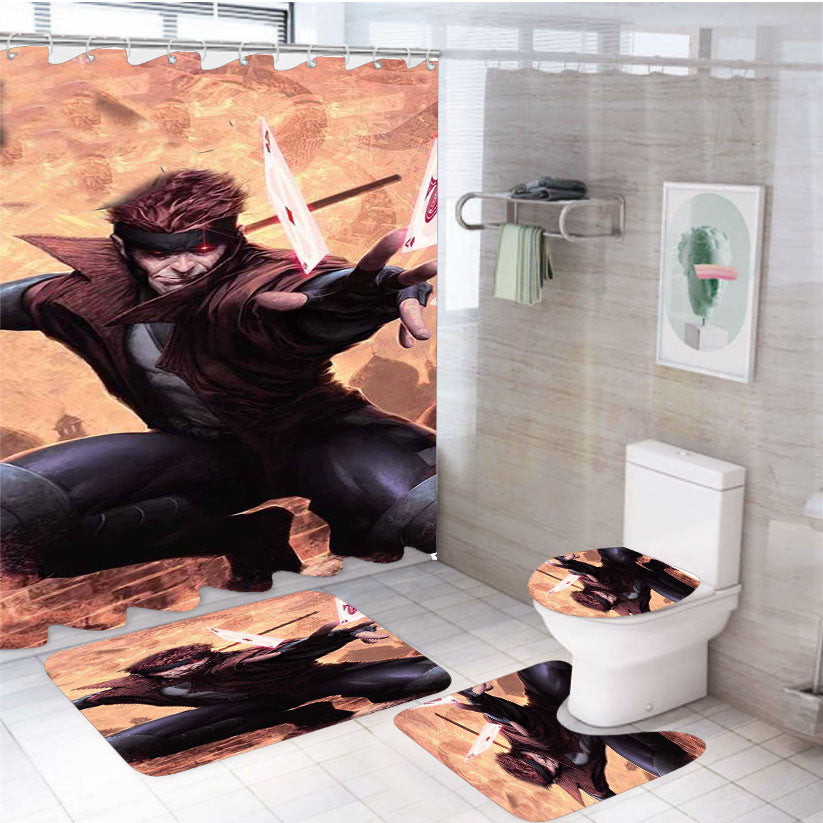 X-Men Gambit 3 4Pcs Bathroom Non-Slip Rugs Shower Curtain Fabric Waterproof