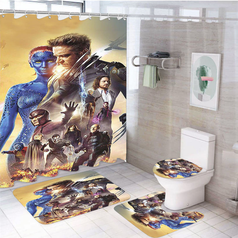 X-Men Poster 4Pcs Bathroom Non-Slip Rugs Shower Curtain Fabric Waterproof