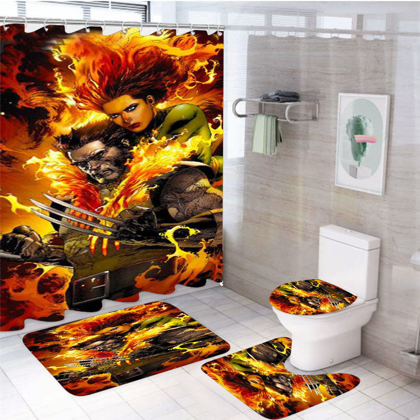 X-Men Wolverine Flames 4Pcs Bathroom Non-Slip Rugs Shower Curtain Fabric Waterproof