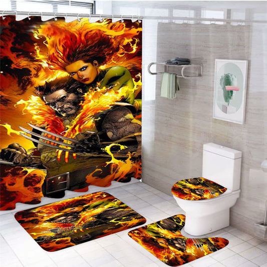 X-Men Wolverine Flames 4Pcs Bathroom Non-Slip Rugs Shower Curtain Fabric Waterproof
