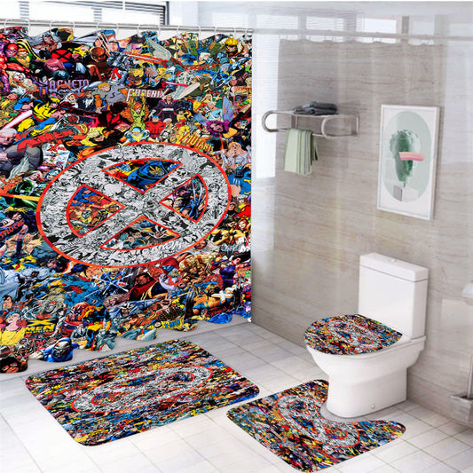 X Men Collage Marvel 4Pcs Bathroom Non-Slip Rugs Shower Curtain Fabric Waterproof