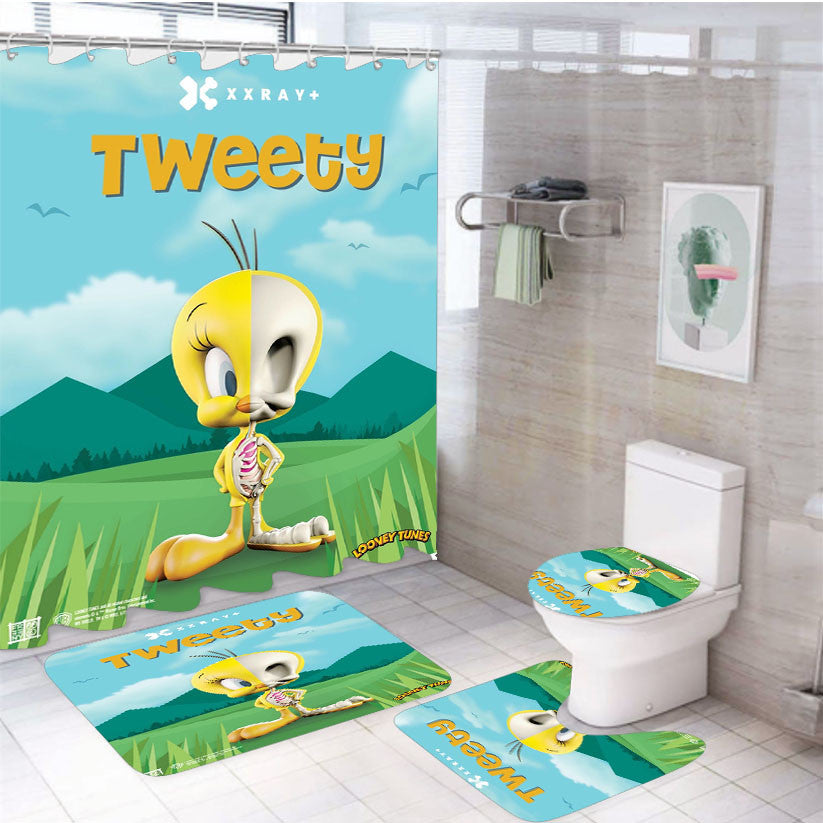 Xray Tweety Looney Tunes 4Pcs Bathroom Non-Slip Rugs Shower Curtain Fabric Waterproof