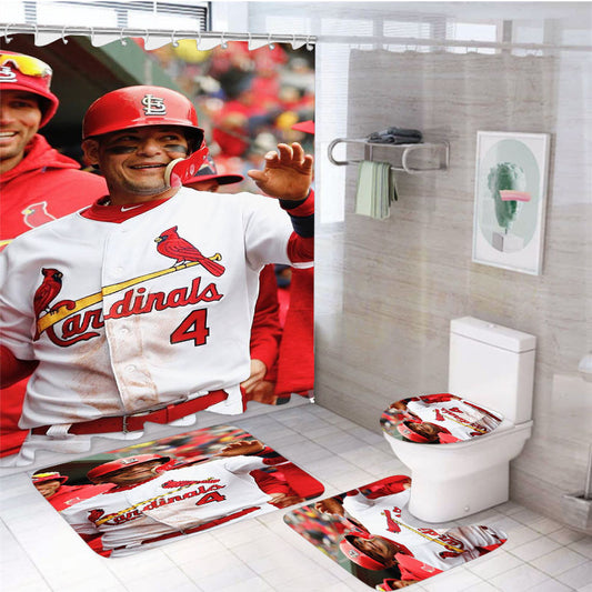 Yadier Molina Cardinal 4Pcs Bathroom Non-Slip Rugs Shower Curtain Fabric Waterproof