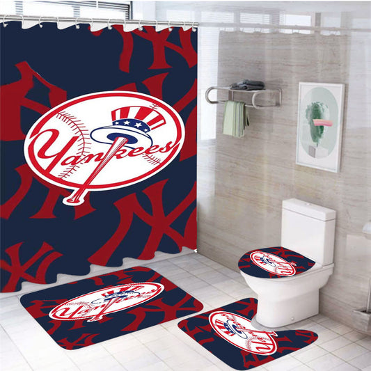 Yankees 4Pcs Bathroom Non-Slip Rugs Shower Curtain Fabric Waterproof