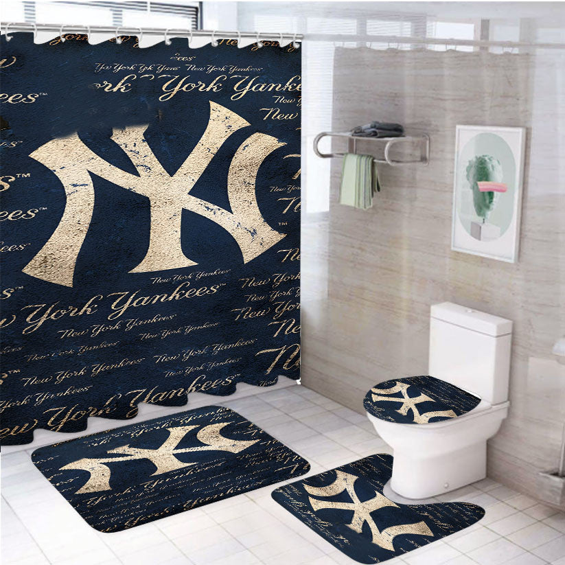 Yankees Baseball Logo 4Pcs Bathroom Non-Slip Rugs Shower Curtain Fabric Waterproof